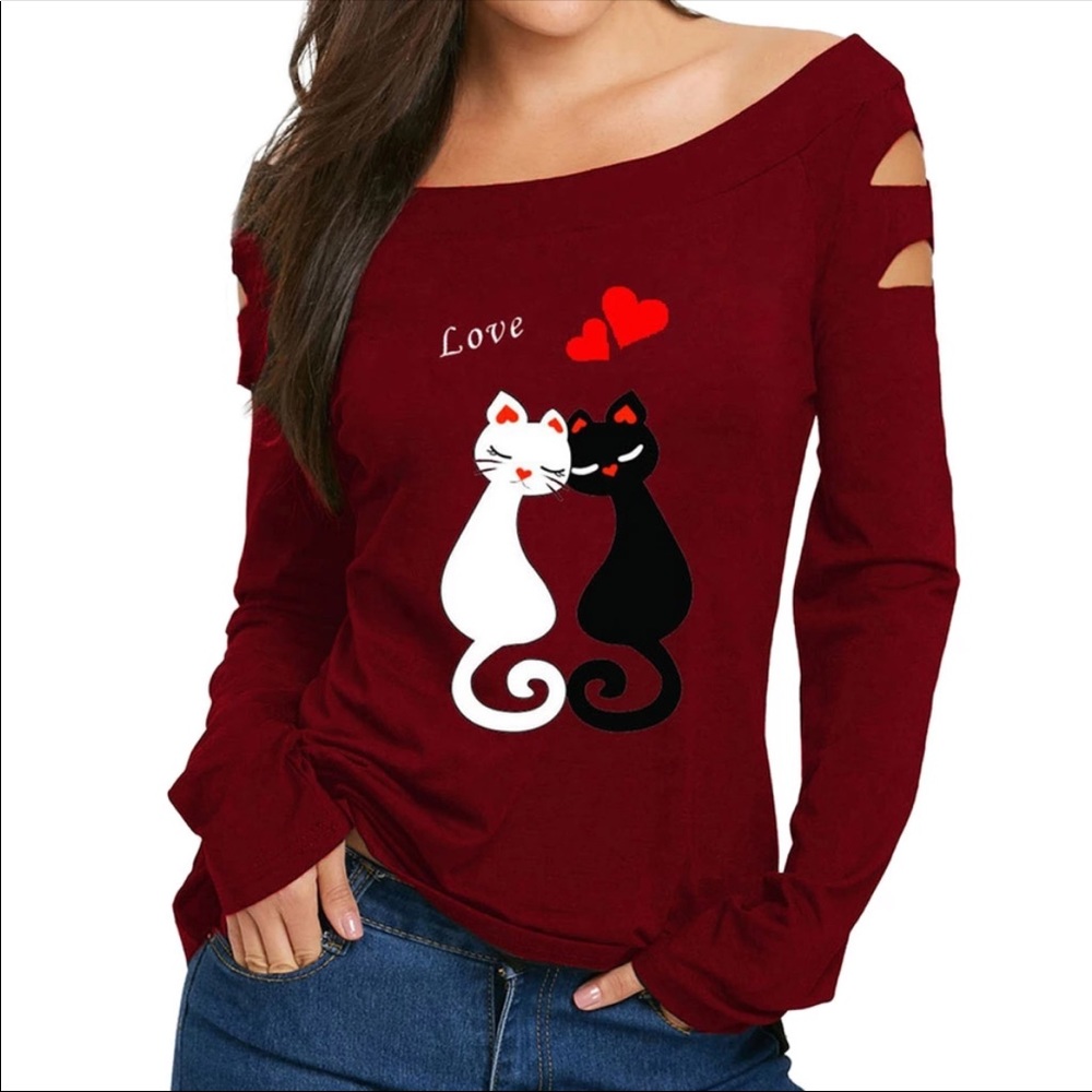 New.!Two Cats 🐈 In Love Cold Shoulder S Shirt Red